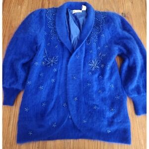 Belldini Blue Angora Rabbit Hair Open Long Line Cardigan Sweater Beaded Lrg‎ Vtg